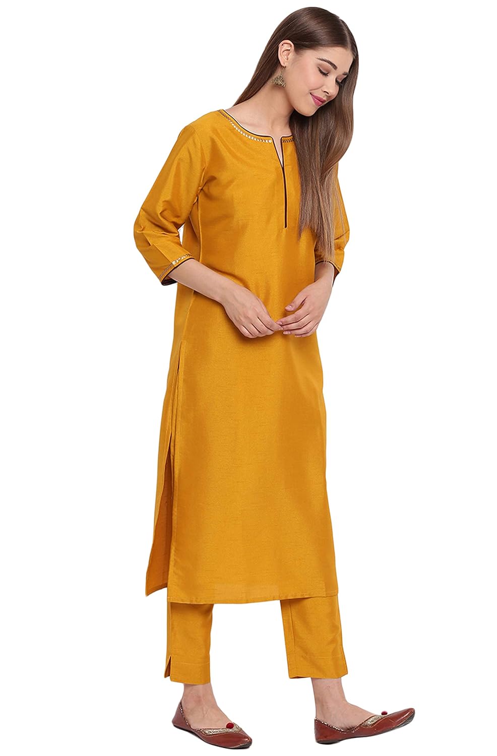 Janasya Women's Mustard Poly Silk Sequined Kurta with Pant and Dupatta