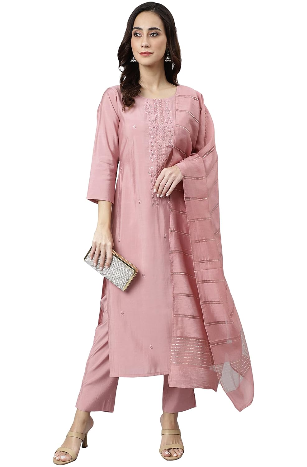 Janasya Women's Light Pink Poly Silk Embroidered Kurta with Pant and Dupatta
