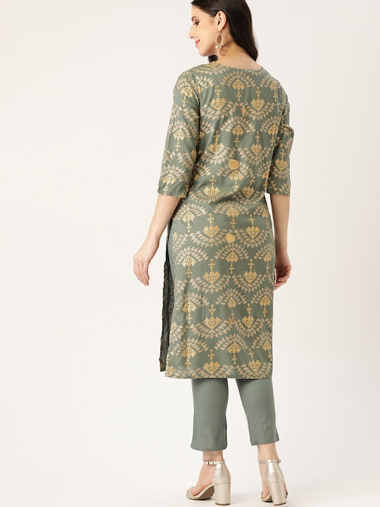 All about you Women Grey & Golden Ethnic Motifs Print Kurta with Trousers