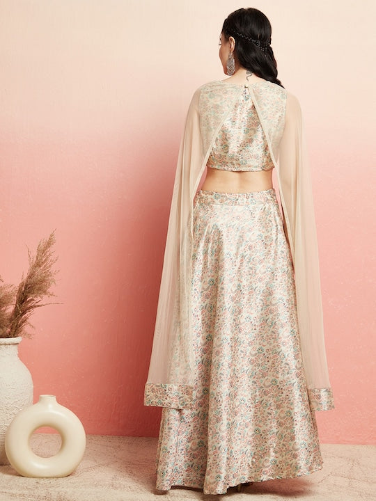AKS Couture Floral Printed Ready to Wear Lehenga & Blouse With Cape Dupatta