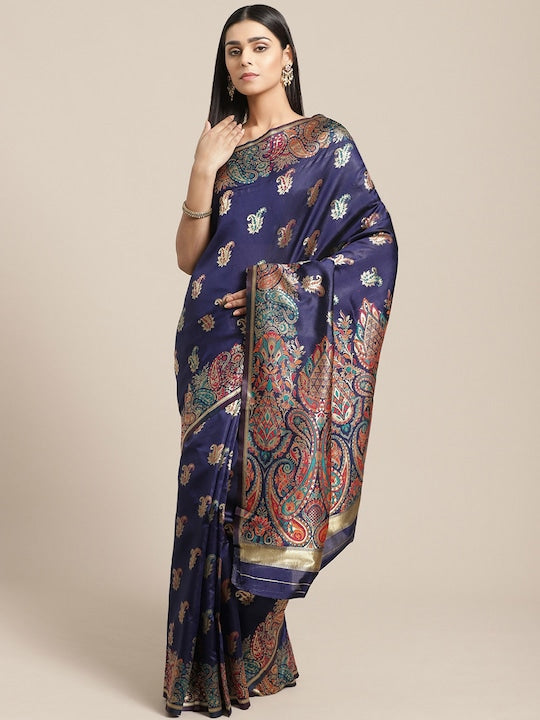 Saree mall Navy Blue & Golden Paisley Woven Design Banarasi Saree