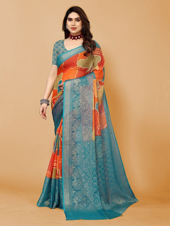 Fabmora Abstract Printed Zari Poly Chiffon Saree