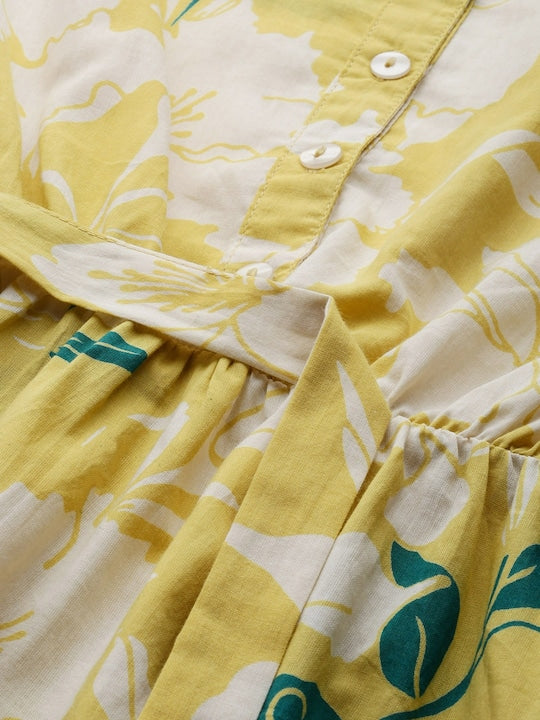 All about you Women Yellow & Off White Floral Printed Belted Shirt Dress