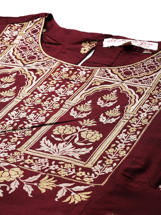 All about you Women Maroon Ethnic Motifs Printed Regular Kurta with Palazzos