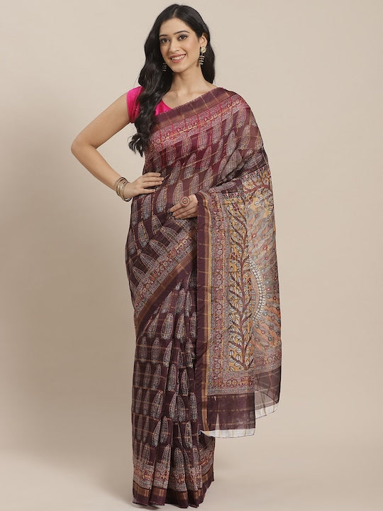 Mitera Burgundy & Off-White Printed Saree