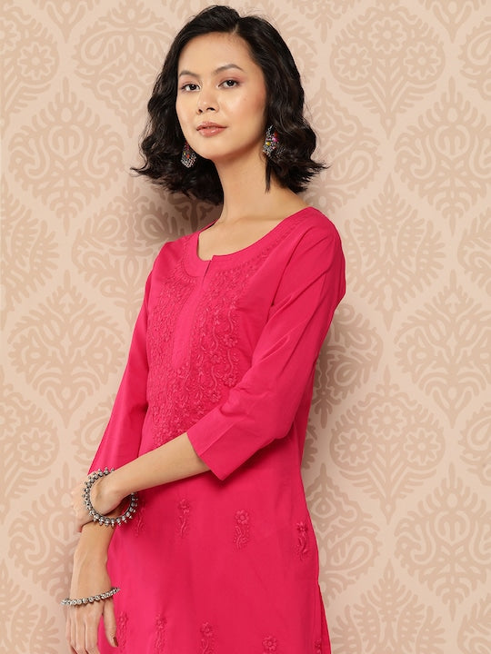 Yufta Floral Embroidered Chikankari Cotton Kurta Pink