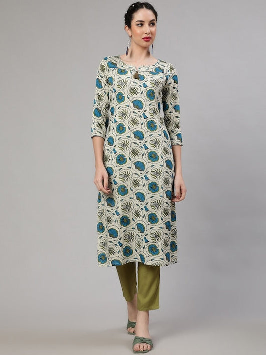 AKS Round Neck Floral Printed Regular Kurta with Trousers