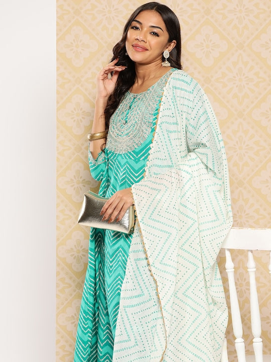 Yufta Embroidered Zari Pure Cotton Kurta with Trousers & Dupatta