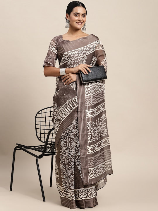 Saree mall Charcoal & White Ethnic Motifs Print Brasso Ikat Saree