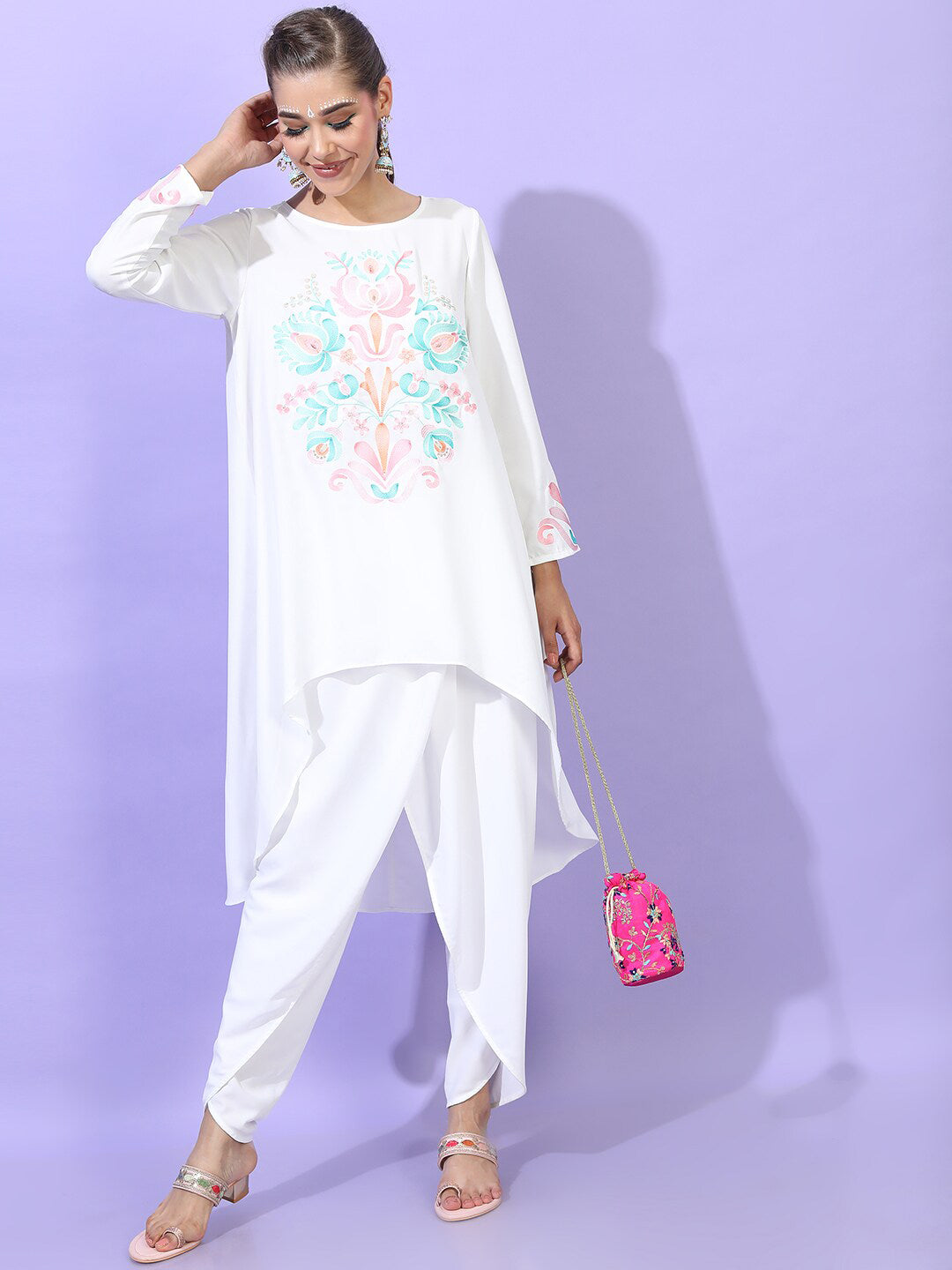 Vishudh Women White Printed High-Low Kurta With Dhoti Pants