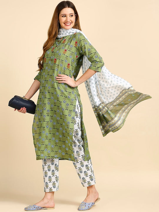 Anubhutee Women Olive Green & White Printed Kurta with Trousers & Dupatta