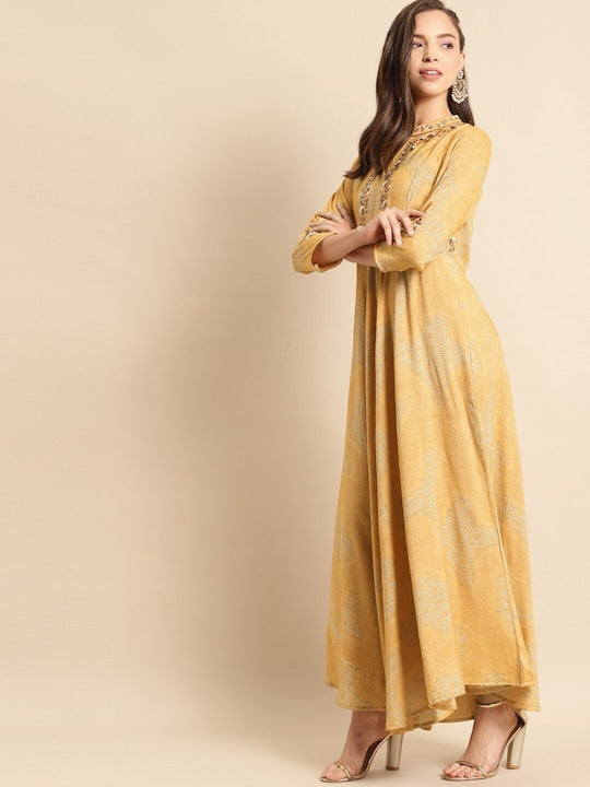 All about you Floral Printed Notch Neck Embroidered Liva Maxi Dress