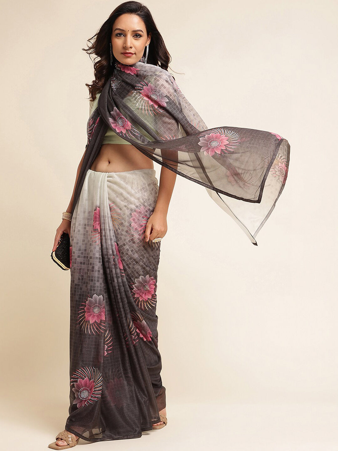 Kasee Floral Printed Beads And Stones Art Silk Saree