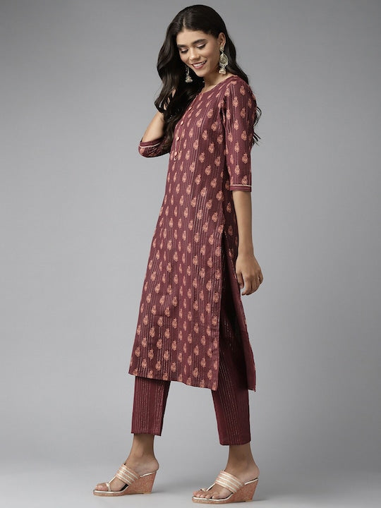 Yufta Women Ethnic Motifs Printed Notch Neck Pure Cotton Kurta with Trousers & Dupatta