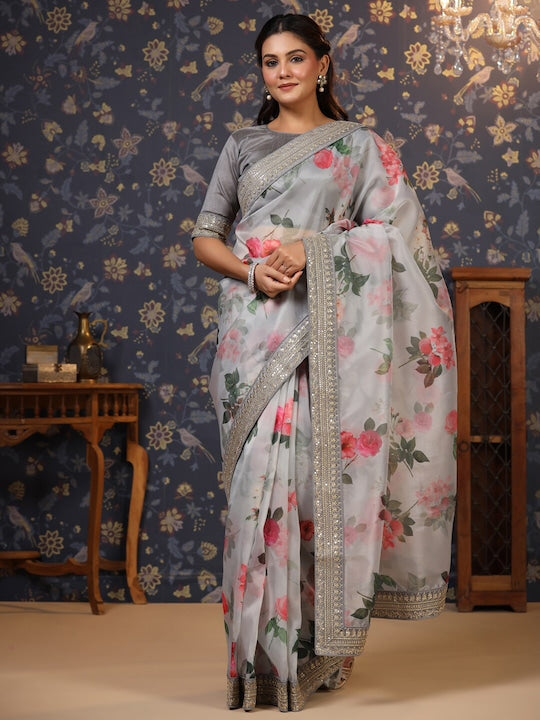 House of Pataudi Floral Printed Sequinned Saree
