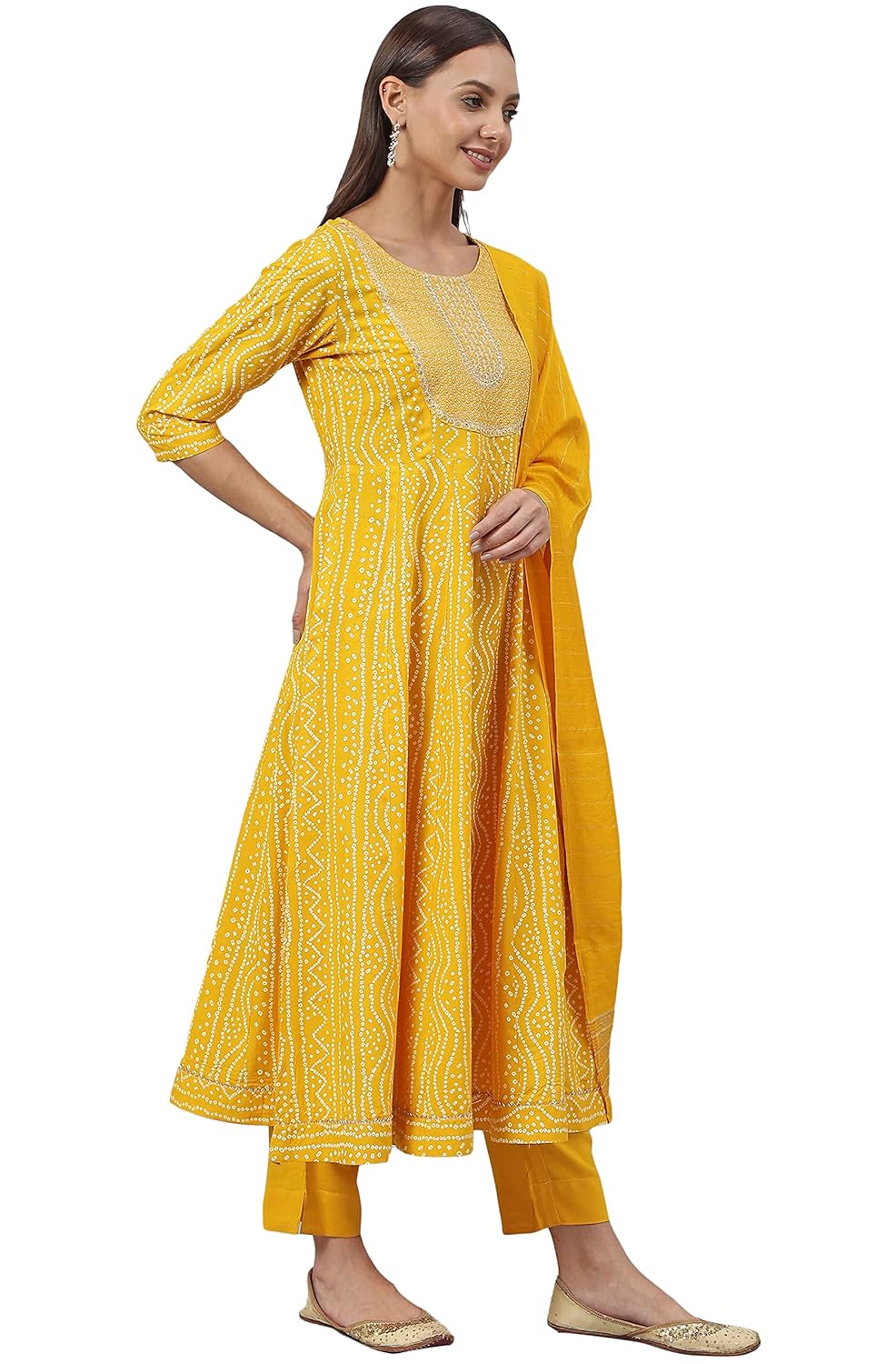 Janasya Women's Yellow Cotton A-Line Kurta with Pant and Dupatta