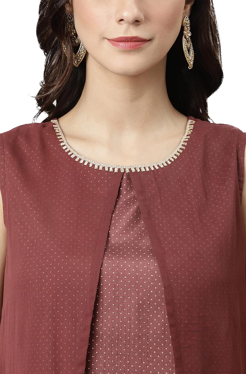 Janasya Women's Brown Poly Silk Foil Print Kurta with Pant