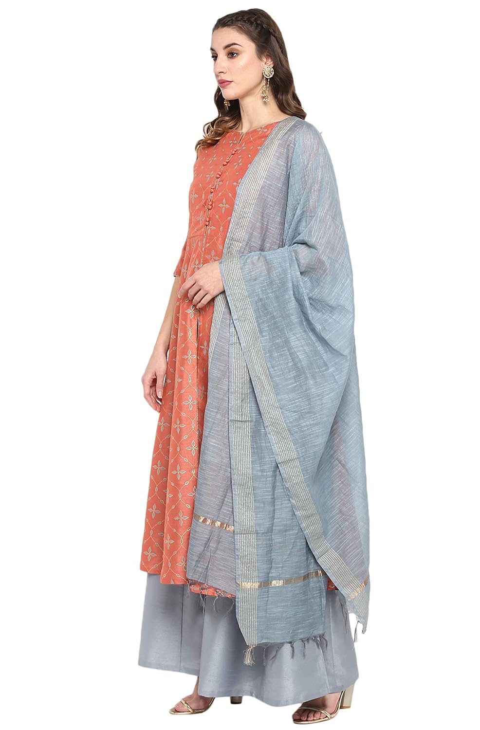 Janasya Women's Peach Poly Silk Foil Printed Kurta with Palazzo and Dupatta