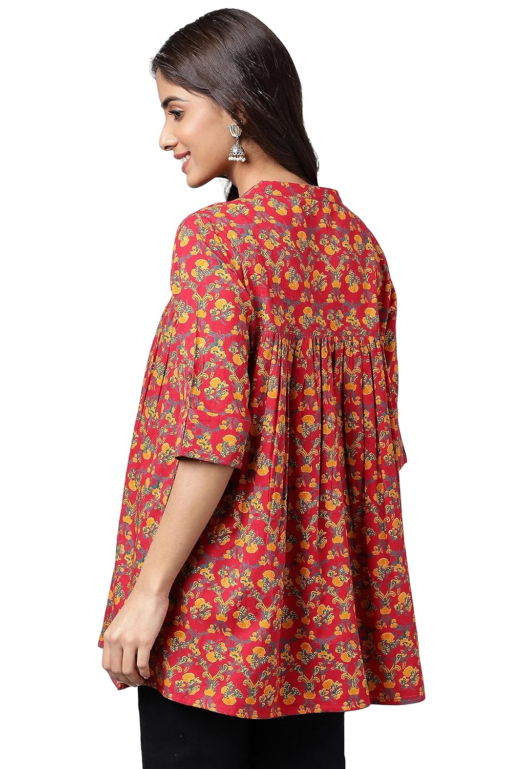 Janasya Women's Red Cotton Floral Printed Empire Tunic
