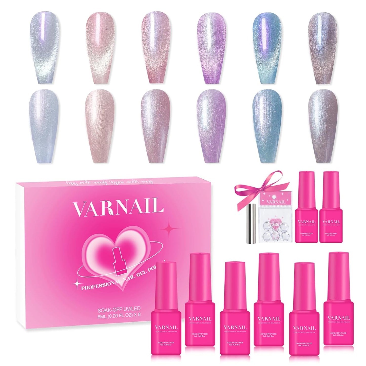 VARNAIL Dreamcatcher Cat Eye Gel Polish Set 6 Colors with Gift Base Top Coat, Aurora Mermaid Nail Gel Polish with Magnet, Salon Quality Soak off UV Light Gel Nail Polish Set