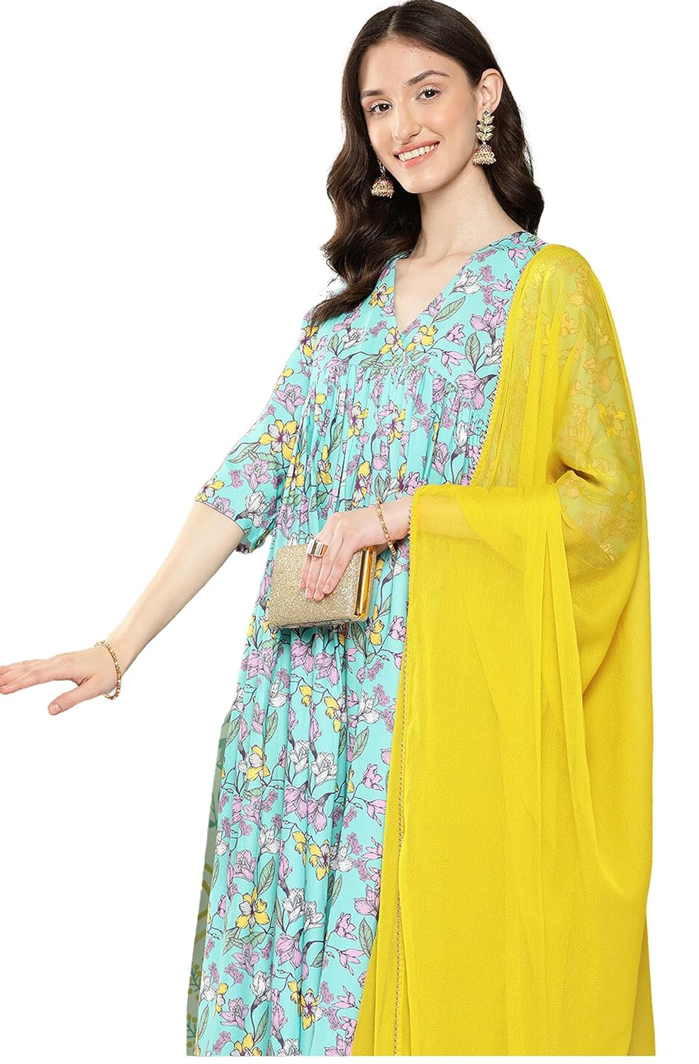 Janasya Women's Sky Blue Moss Floral Digital Printed Kurta with Pant and Dupatta