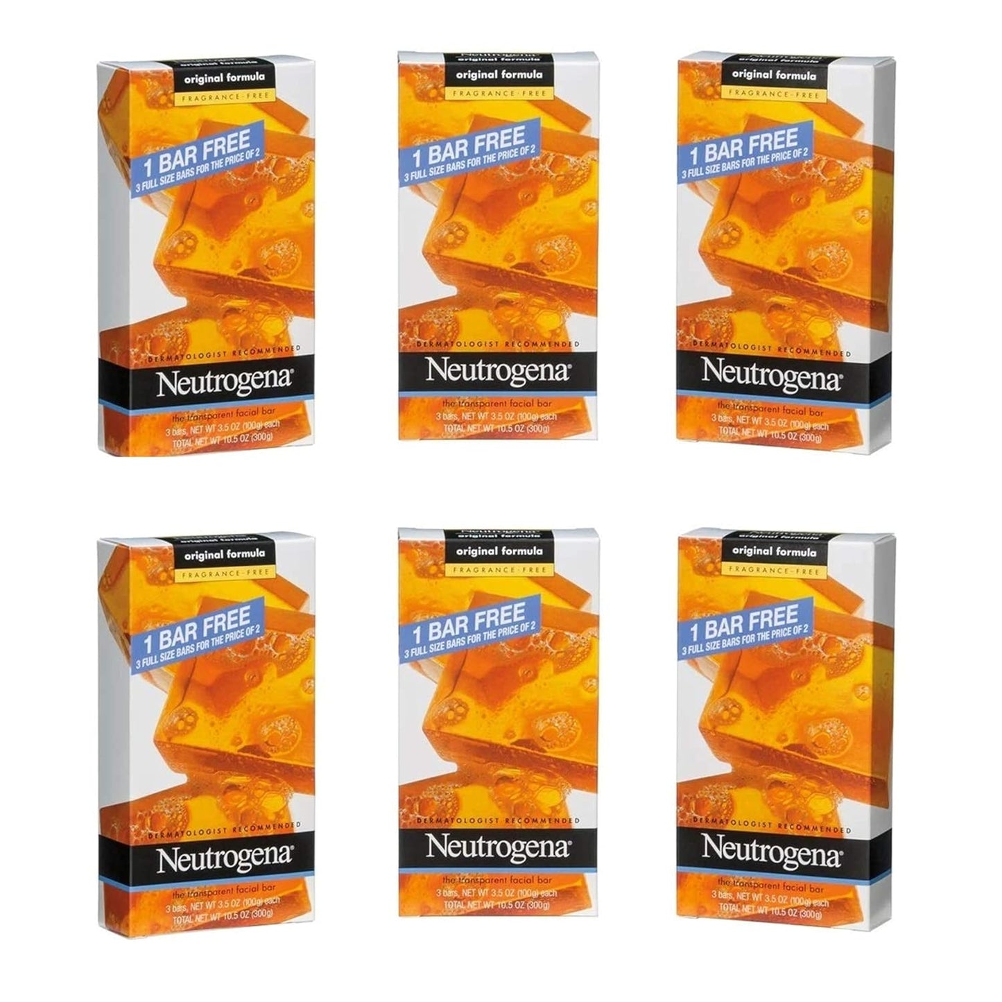 Neutrogena Transparent Facial Bar Unscented Pack, 3 Count (Pack of 6)