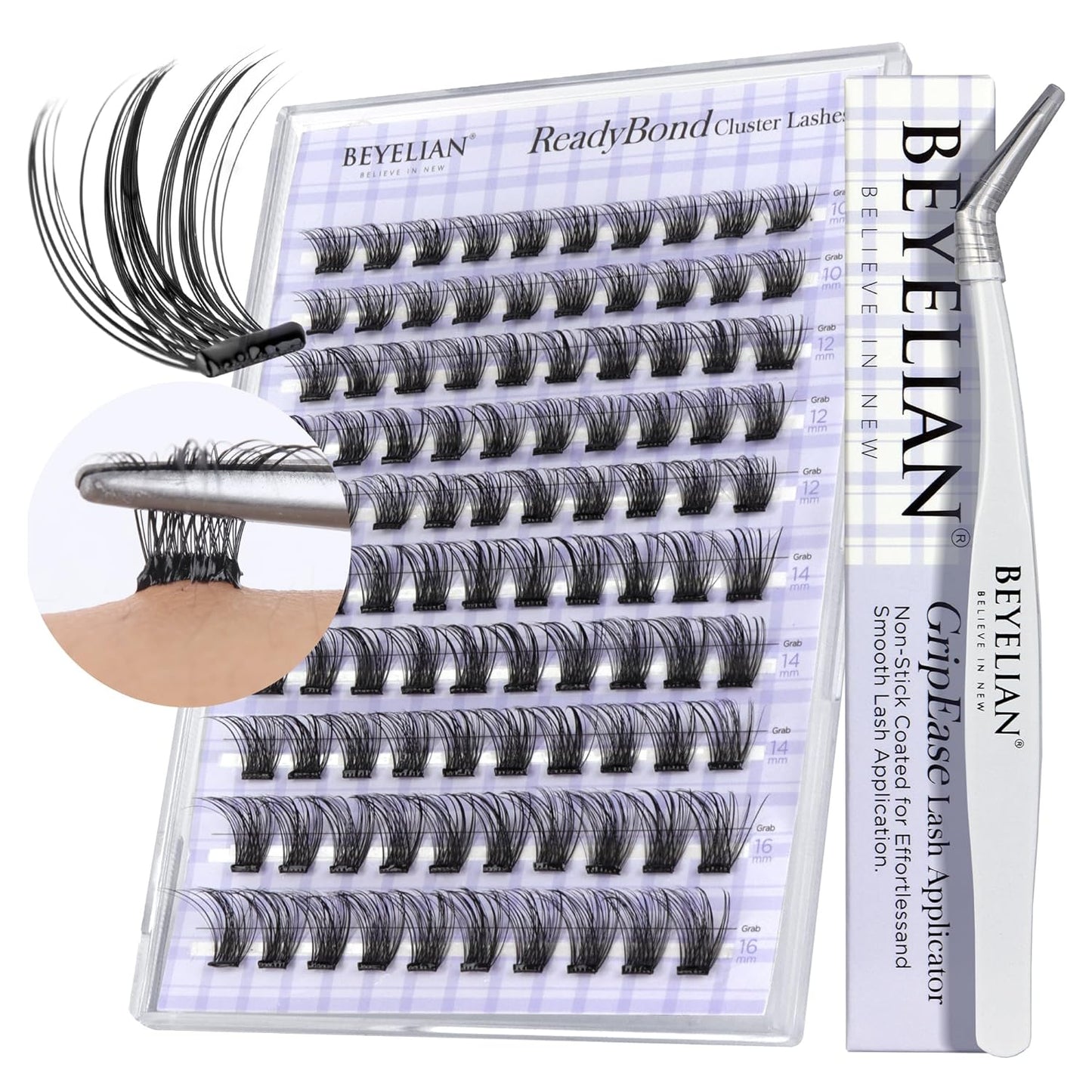 BEYELIAN Self Adhesive Eyelashes Lash Clusters D+ Curl 10-16mm 100 Pcs with Lash Tweezers DIY Lash Kit No Glue Eyelashes Self Stick Lashes No Damage Reusable Lashes Self Adhesive No Sticky (R03)