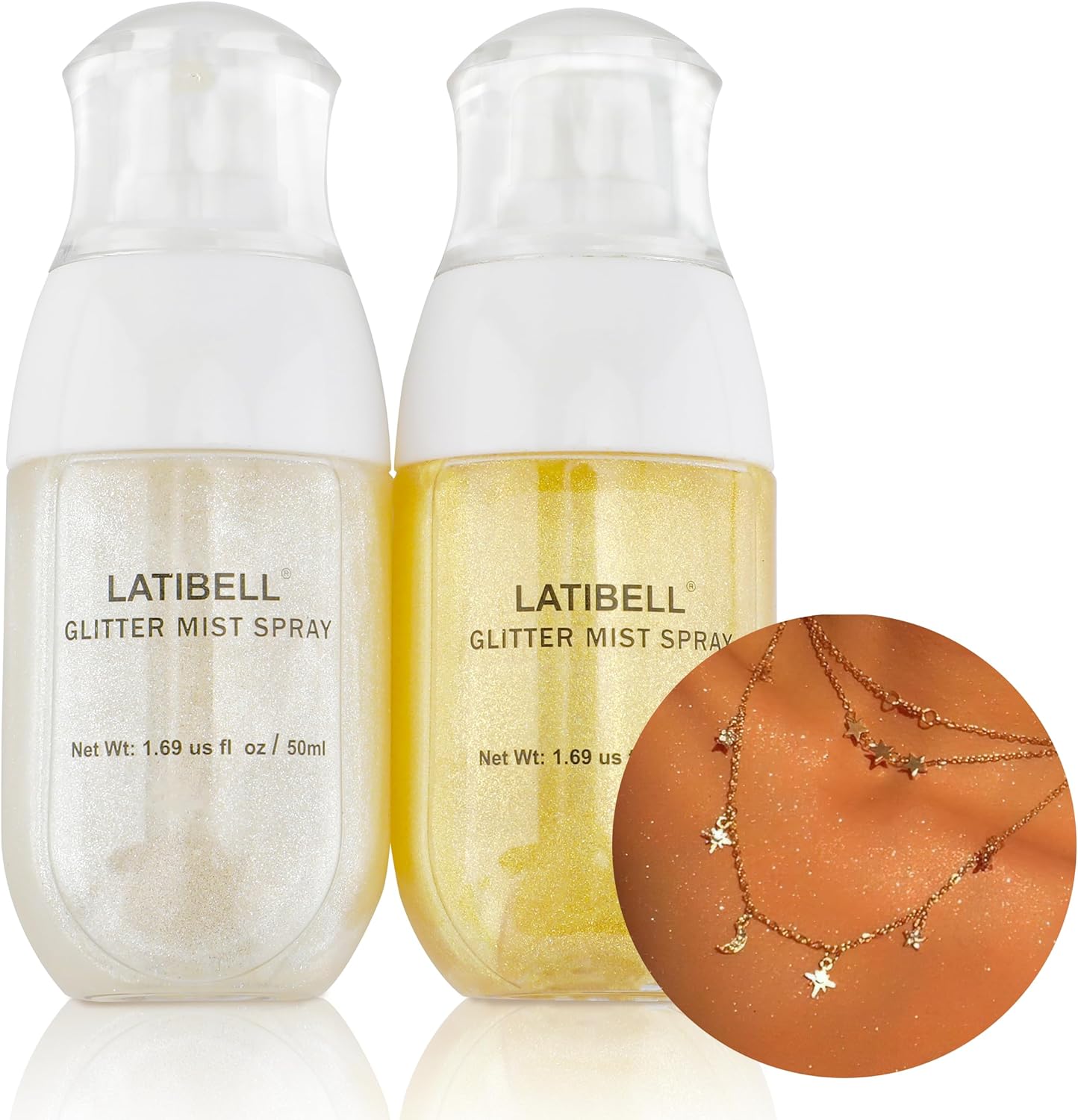 LATIBELL Glitter Spary, 2 Pack Body Glitter Spray, Silver & Gold Hair Glitter Spray, Body Shimmer Spray for Hair Body face, Rave Party Makeup Accessories - 1.69 fl oz of Each Bottle