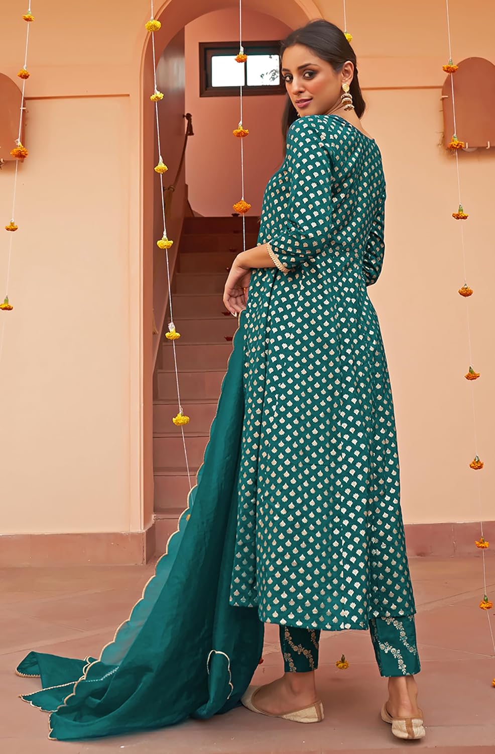Janasya Women's Teal Brocade Woven Design Kurta with Pant and Dupatta