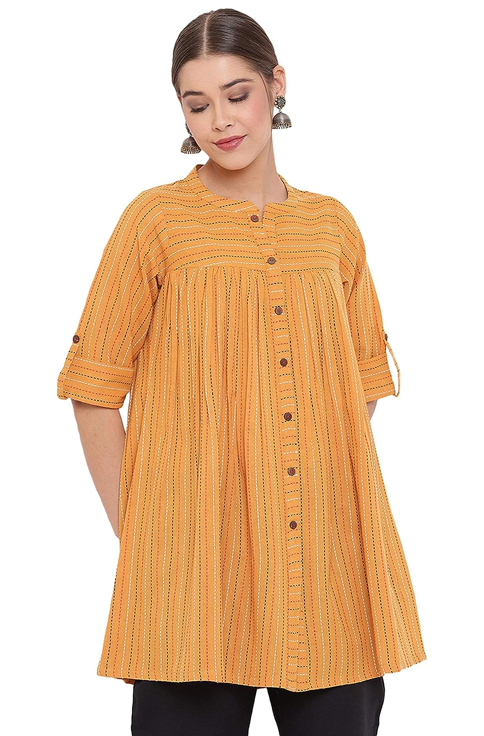 Janasya Women's Mustard Weaved Cotton Tunic Mustard