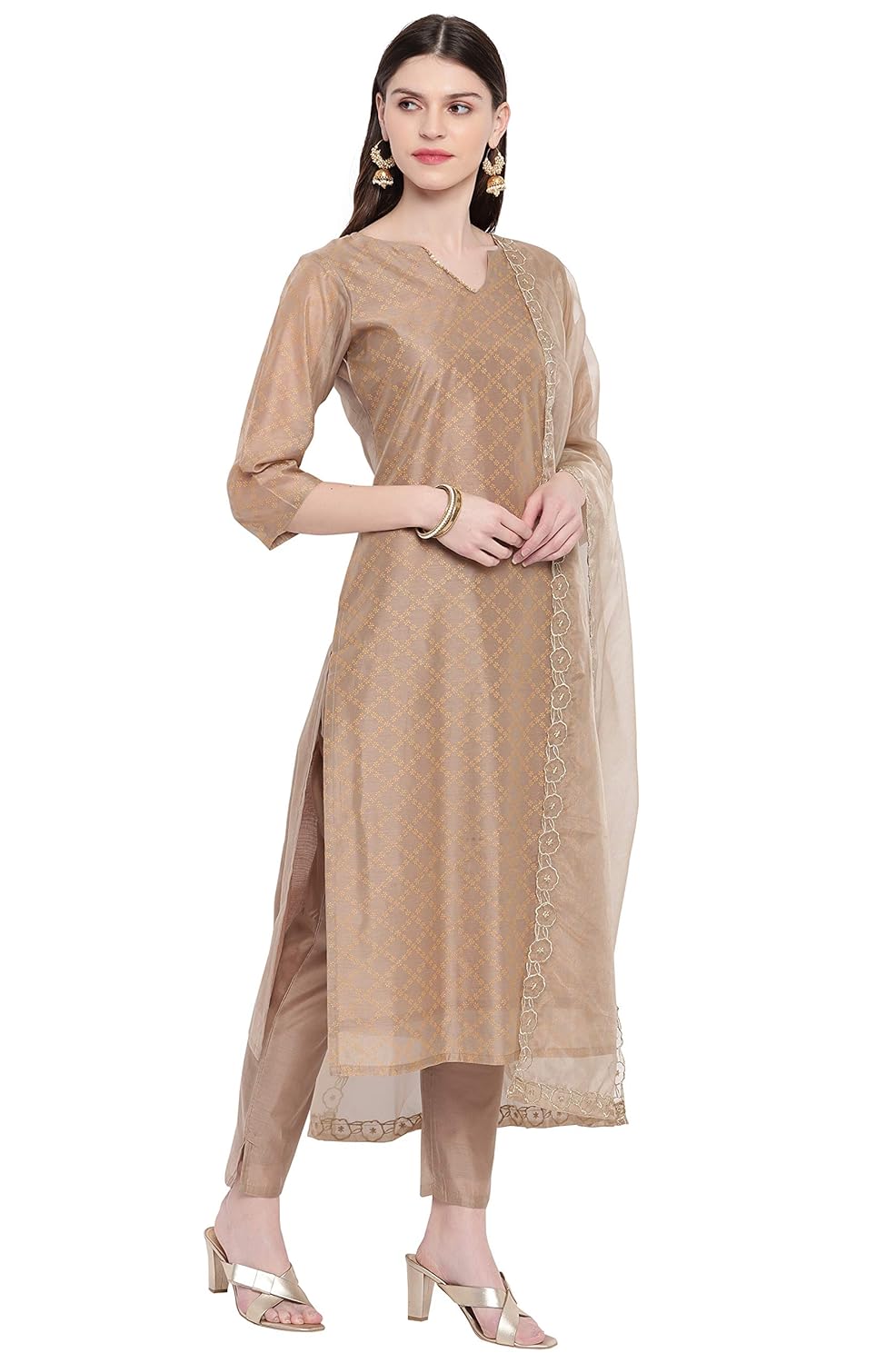 Janasya Women's Light Brown Poly Chanderi Kurta With Pant and Dupatta
