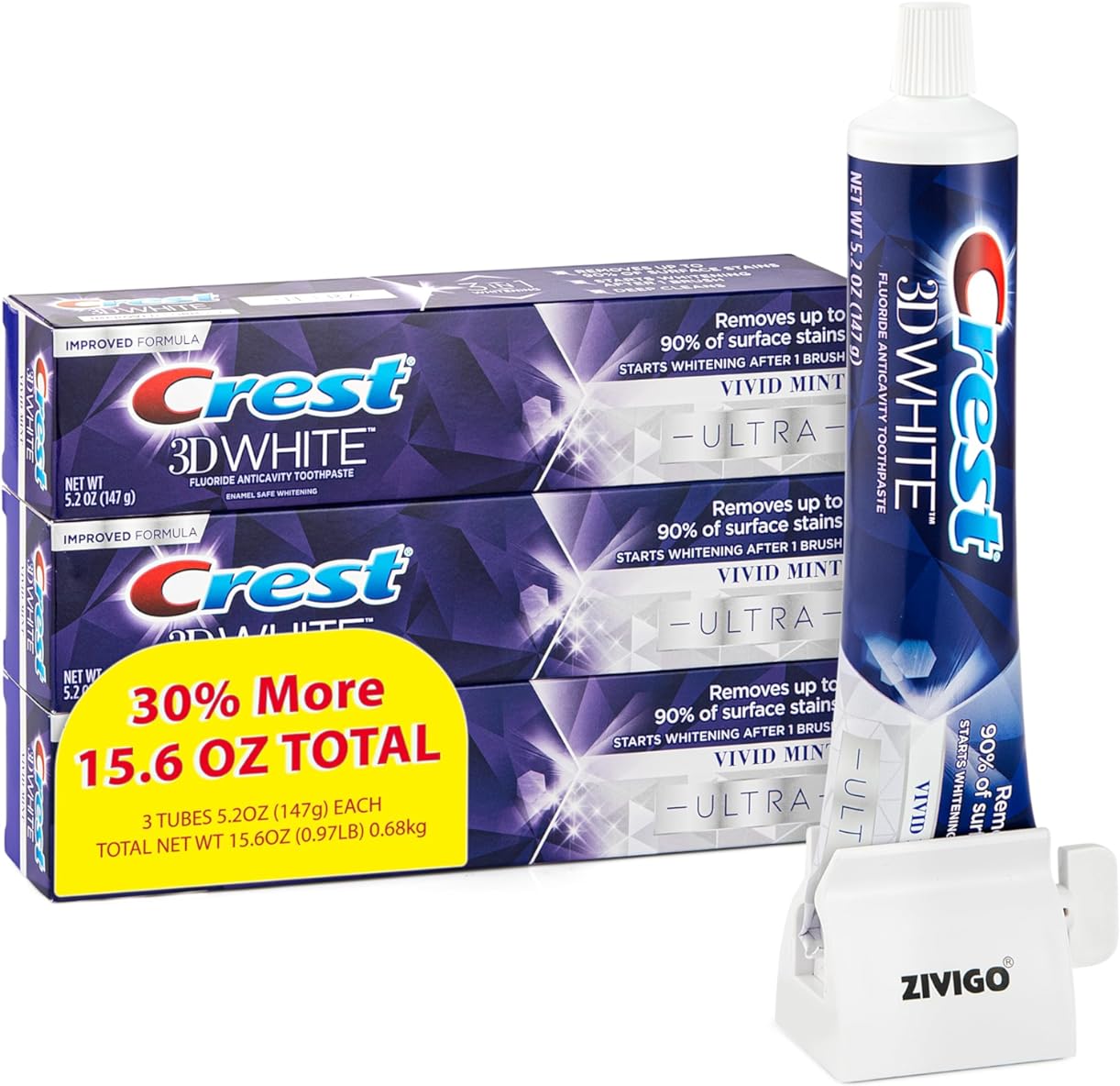 Crest-3D-White Ultra Whitening Toothpaste, Vivid Mint, Anticavity Fluoride Toothpaste, 3 Large Tubes of 5.2 oz (Total 15.6 oz) + Bonus Zivigo Toothpaste Squeezer,
