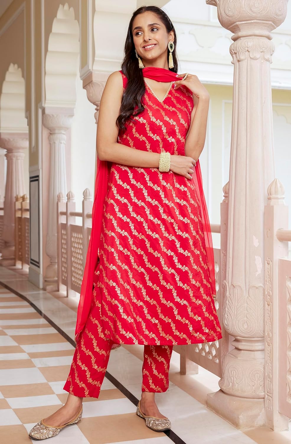 Janasya Women's Red Brocade Woven Design Kurta with Pant and Dupatta