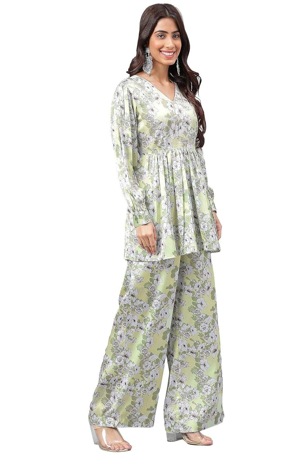 Janasya Women's Sage Green Satin Digital Floral Printed Co-ords Set