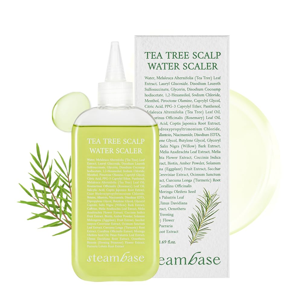 STEAMBASE Tea Tree Scalp Water Scaler | Dry Scalp Cleansing and Hydration | Natural BHA & Tea Tree | Alleviate Hair Loss & Remove Buildup | Water Type Hypoallergenic Scalp Exfoliator, 8.42 fl oz