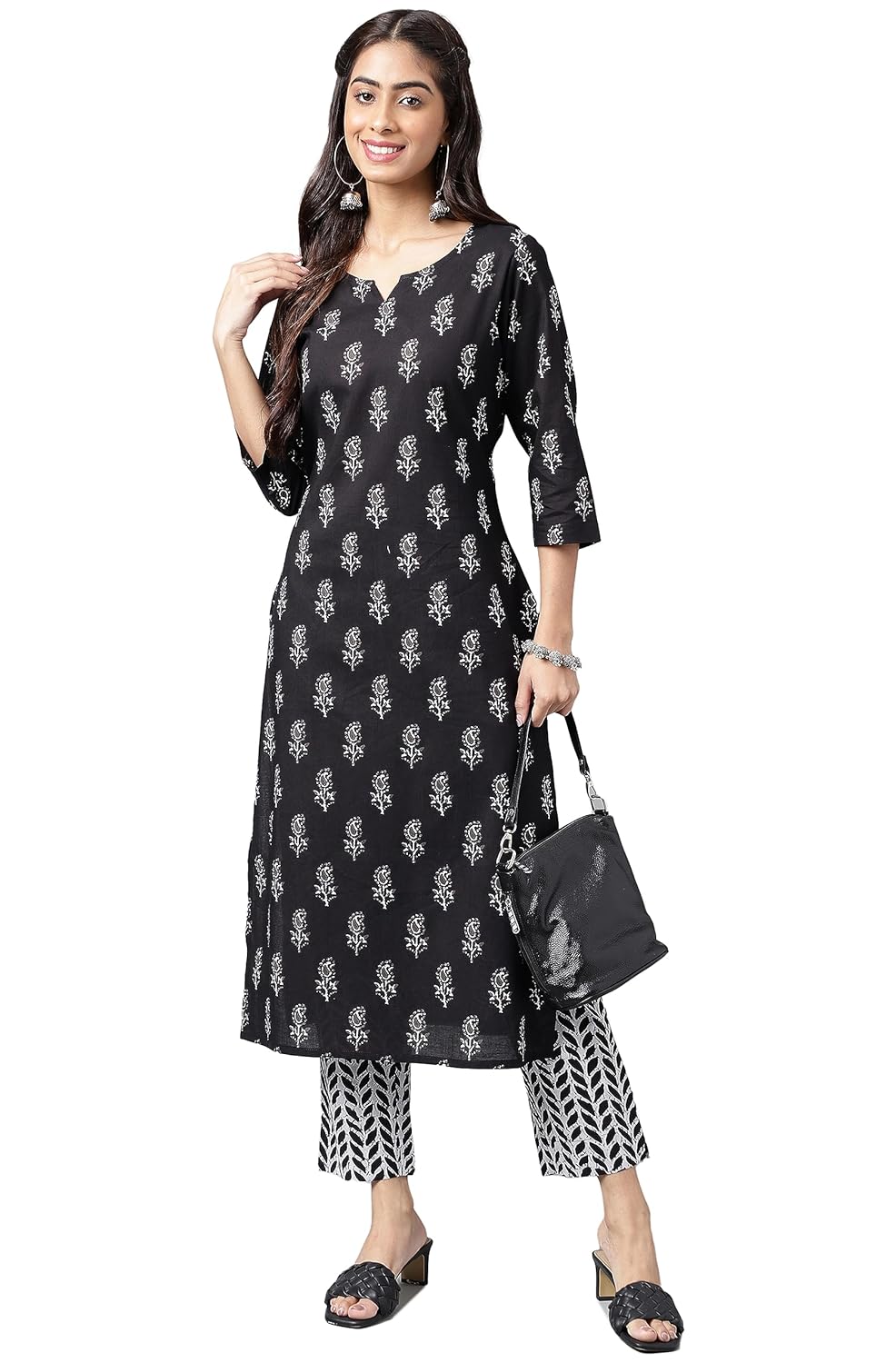 Janasya Women's Black Cotton Paisley Printed Kurta with Pants