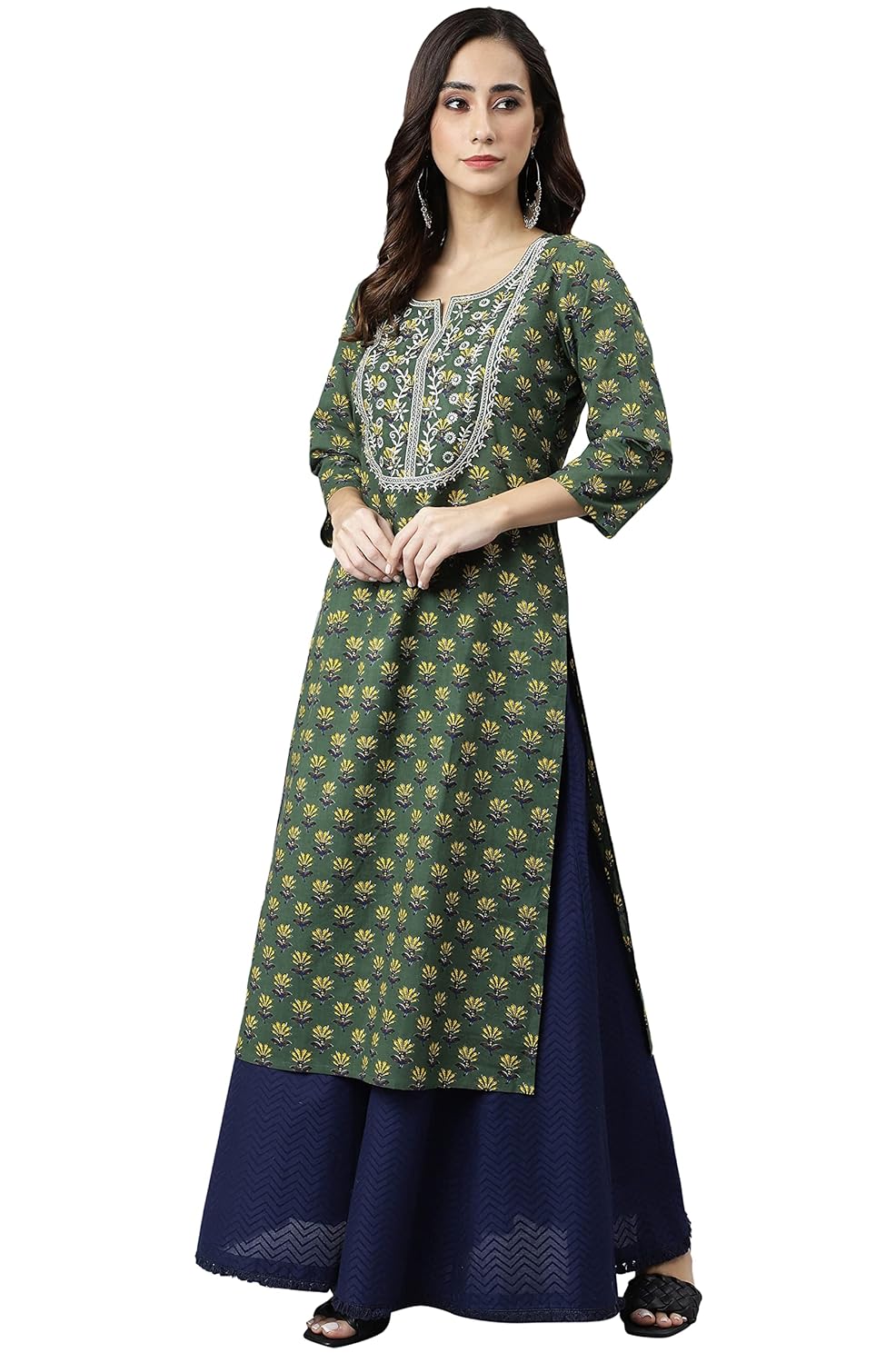 Janasya Women's Green Cotton Floral Print Straight Kurta