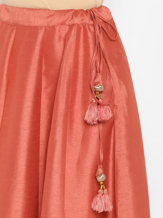 Janasya Peach-Coloured & Green Printed Ready to Wear Lehenga & Blouse with Dupatta