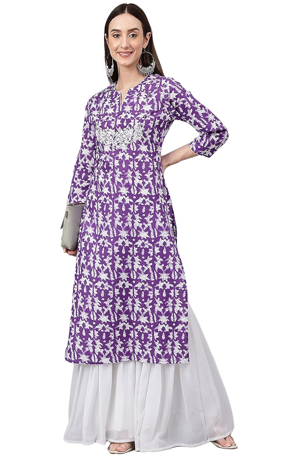 Janasya Women's Purple Cotton Batik Print Straight Kurta