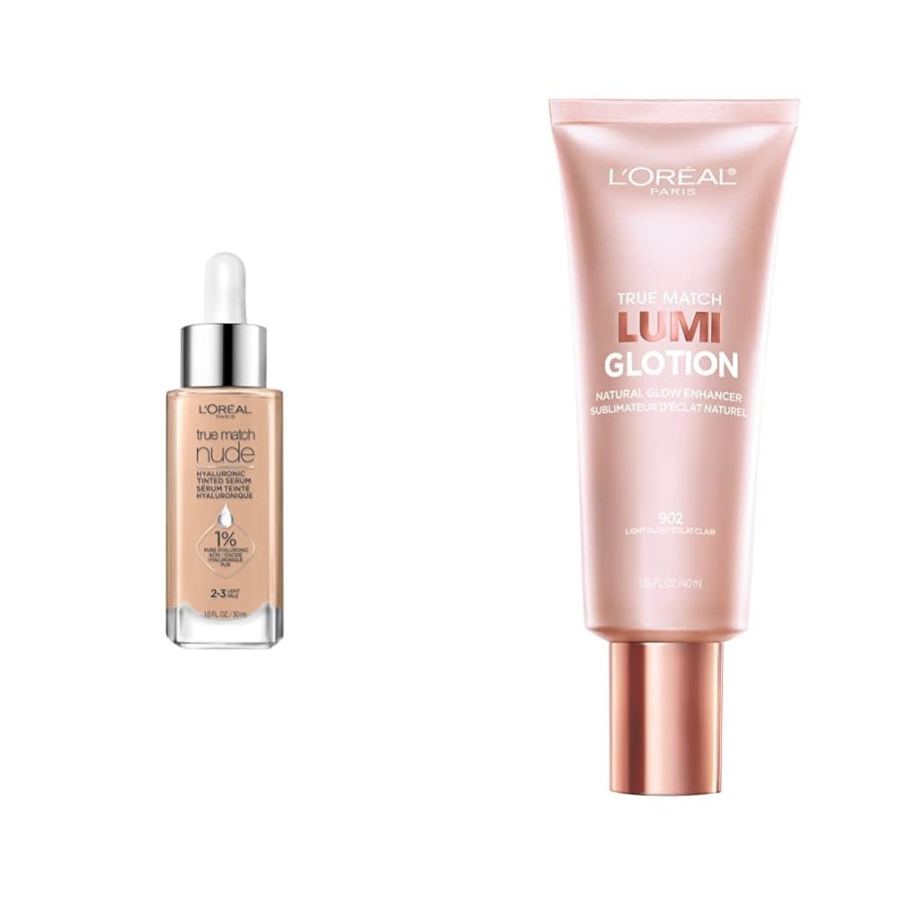 L'Oreal Paris True Match Nude Hyaluronic Tinted Serum Foundation with 1% Hyaluronic acid, Light 2-3, 1 fl. oz & L'Oreal Paris True Match Lumi Glotion Natural Glow Enhancer Lotion, Light, 1.35 Ounces