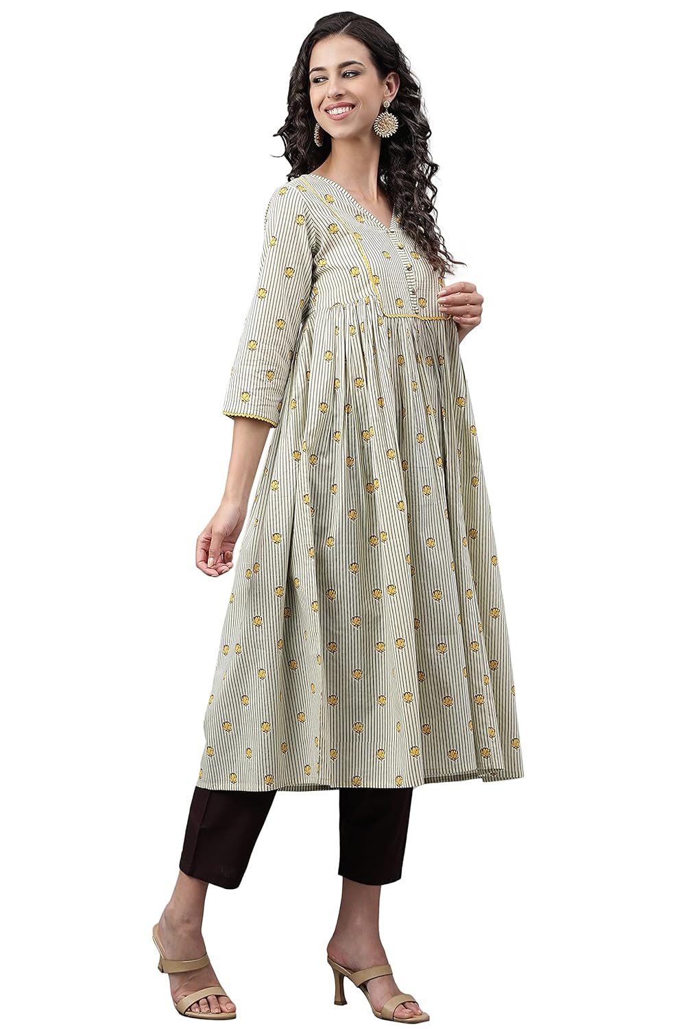 Janasya Women's Light Yellow Cotton Floral Printed Flared Kurta