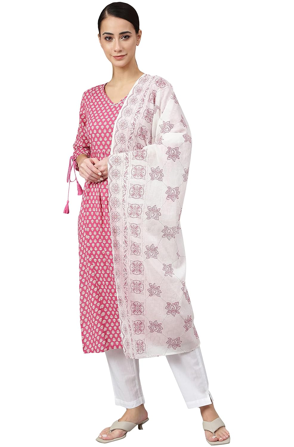 Janasya Women's Pink Cotton Block Print Kurta with Pant and Dupatta - L