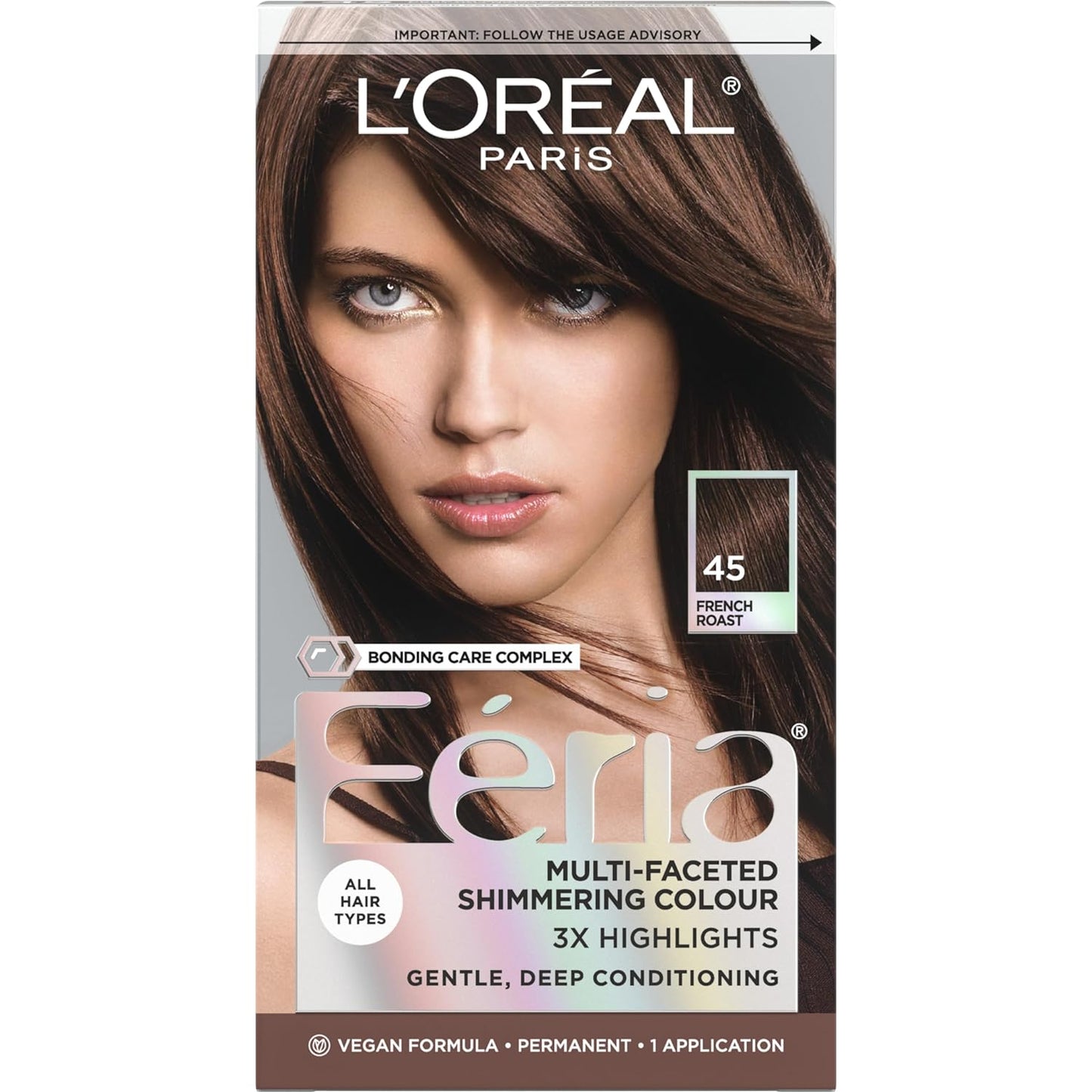 L'Oreal Paris Feria Multi-Faceted Shimmering Permanent Hair Color, 45 French Roast (Deep Bronzed Brown), Pack of 1, Hair Dye