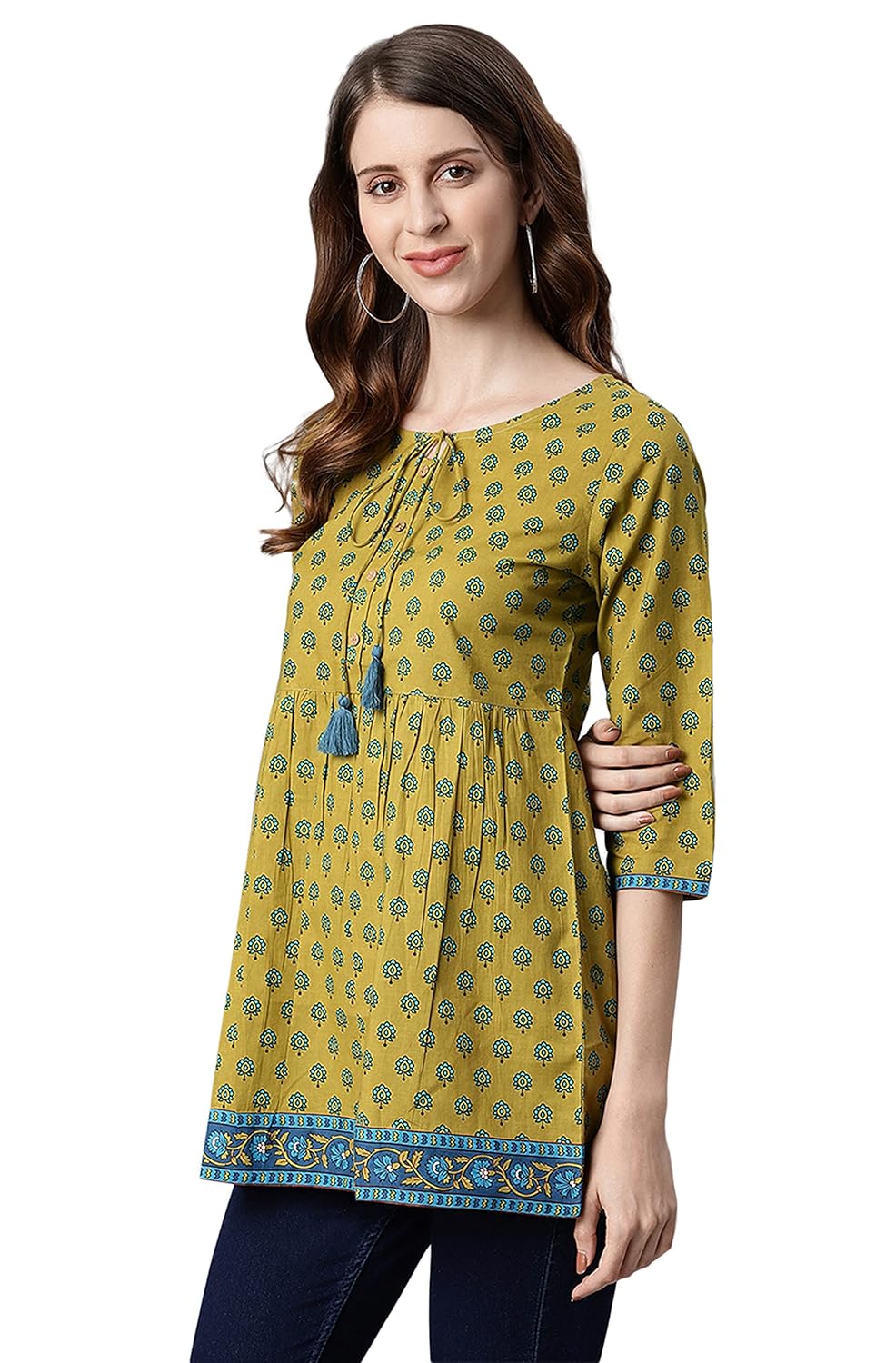 Janasya Women's Green Ethnic Motifs Cotton Tunic