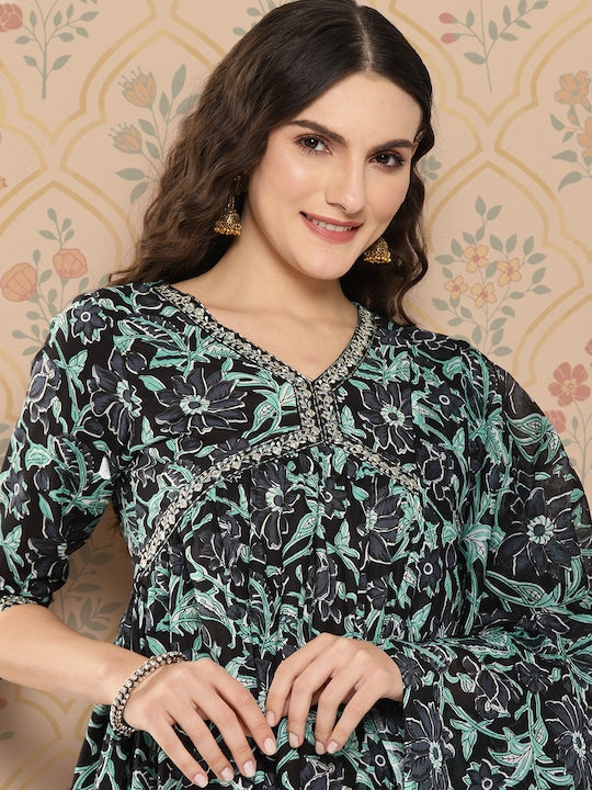 Yufta Women Floral Embroidered Regular Pure Cotton Kurta with Trousers & With Dupatta