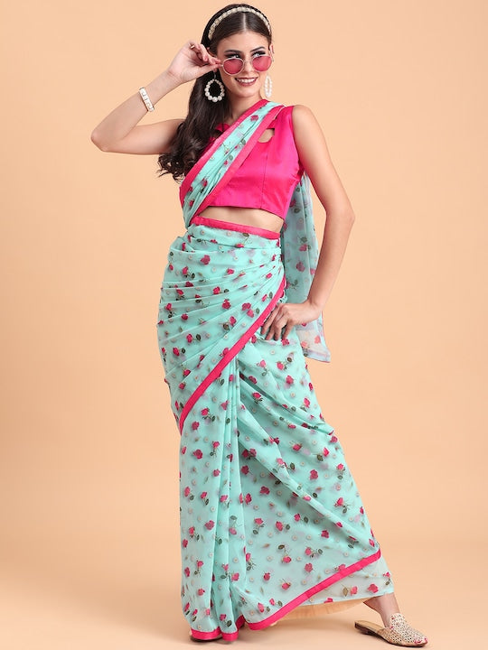 Sangria Sea Green & Pink Floral Pure Georgette Saree