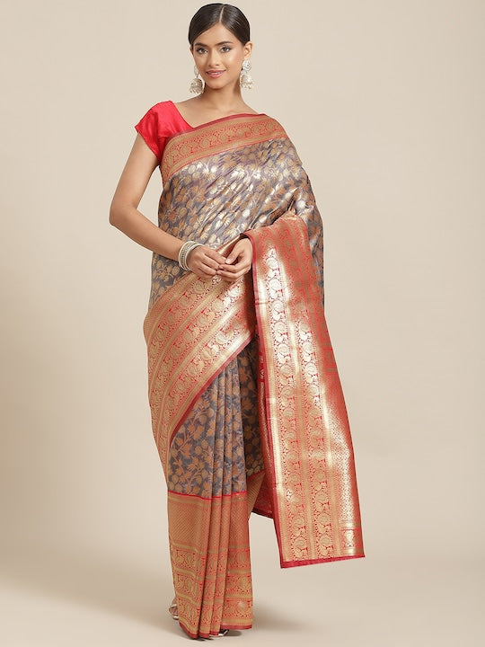 Silk Land Grey & Red Floral Zari Art Silk Banarasi Saree