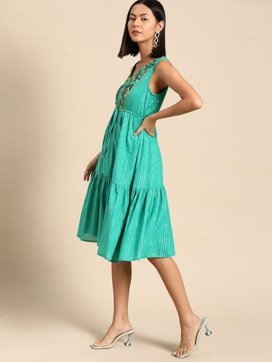 All about you Waist Tie-Up Floral Embroidered Tiered Midi Dress