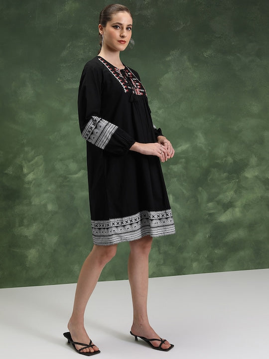 Vishudh Self Design Round Neck Self Design Cotton Embroidered A-Line Above Knee Dress