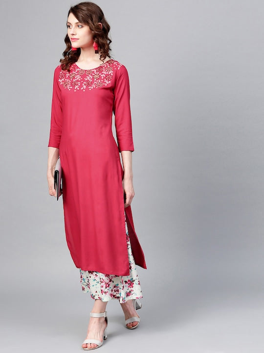 Yufta Women Pink & Sea Green Yoke Design Kurta with Palazzos